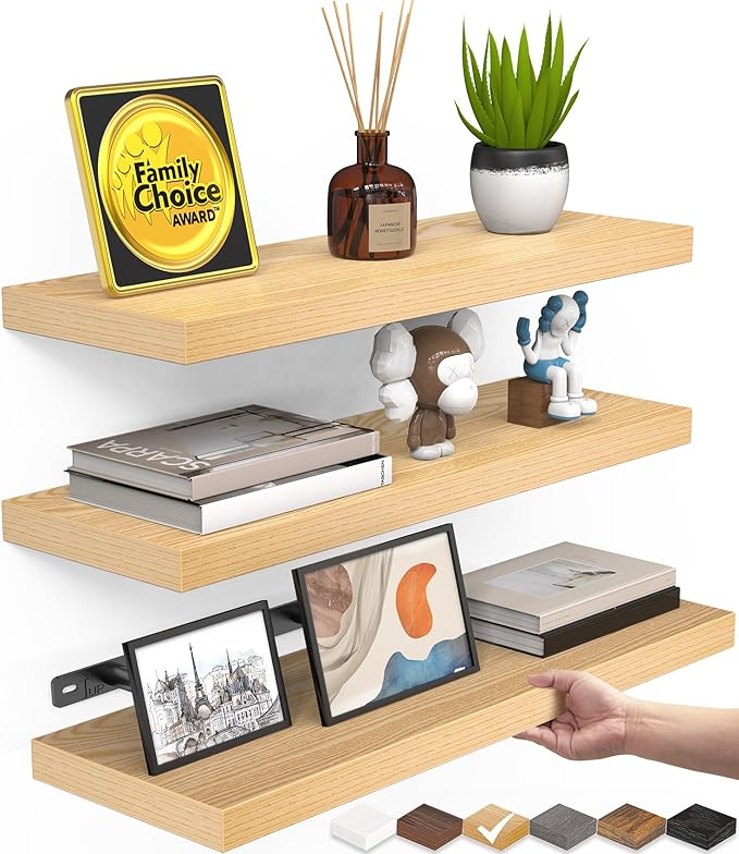 BAYKA Floating Shelves for Wall, Wall Mounted Rustic Wood Shelves for Bathroom, Bedroom, Living Room, Kitchen,Small Hanging Shelf for Books/Storage/Room Decor (Oak-Toned, Set of 3, 15.7in)