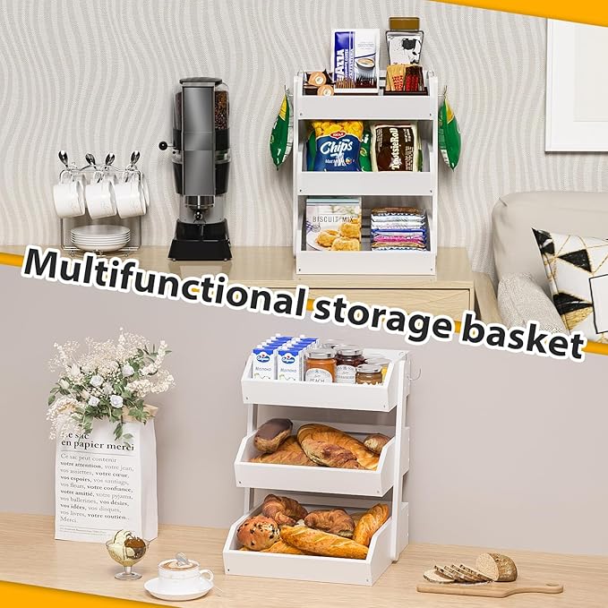 Bamboo Fruit Basket for Kitchen– 3 Tier Fruit Bowl For Kitchen Counter, Large Fruit Holder With Banana Hangers, Idea For Vegetable Storage, Bread Display, Snack Organizer(White)