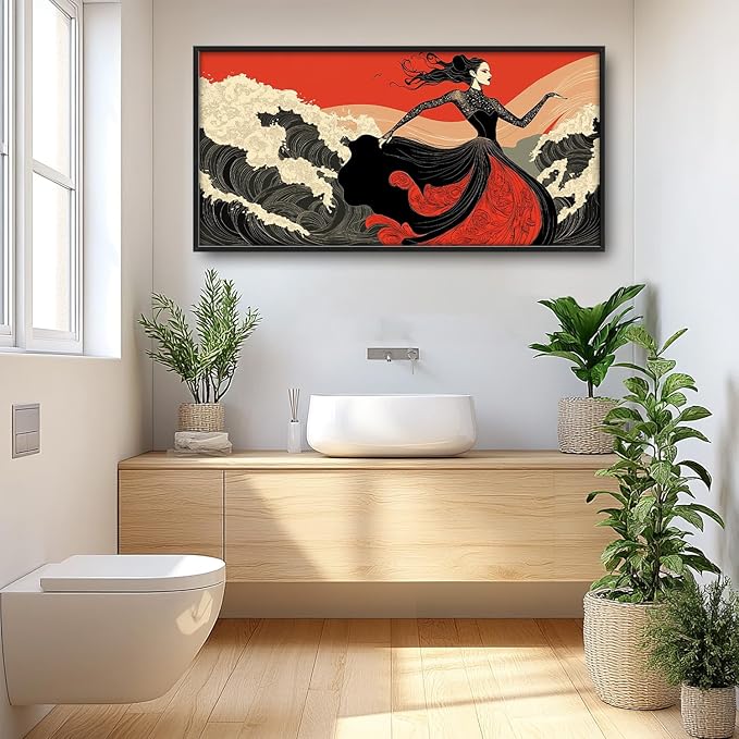 Flintis Large Black White and Red Dancer Framed Wall Art Woman Dancing Waves Pictures Wall Decor Abstract Canvas Painting Print Artworks Framed for Living Room Bathroom Master Bedroom 60L X 30W