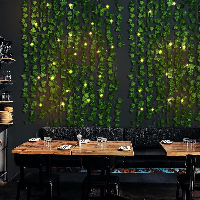 Sggvecsy 24 Pack 84Ft Artificial Ivy Leaf Plants with LED String Lights Fake Ivy Leaves Artificial Ivy Garland Greenery Hanging Plants Vines for Wedding Wall Party Home Room Kitchen Garden Decor