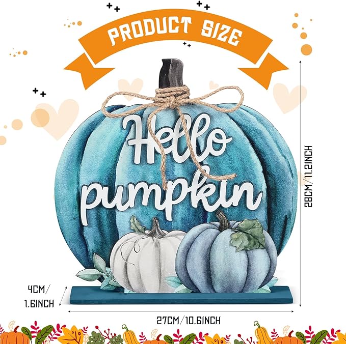 Soaoo Fall Decoration Wooden Fall Hello Pumpkin Sign Autumn Pumpkin Table Decor 11 Inch Wooden Autumn Desktop Ornament for Farmhouse Home Living Room Harvest Day Thanksgiving Decor(Blue)