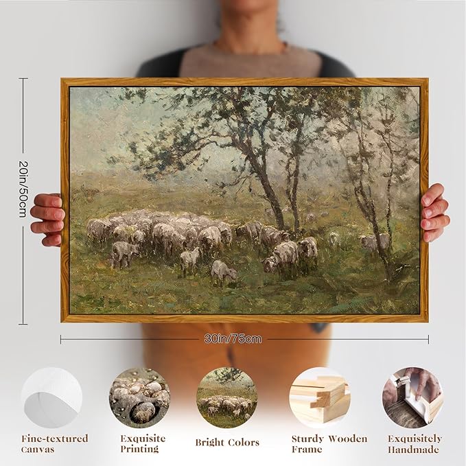 crmotu Vintage Framed Wall Art, Animal Landscape Canvas Prints, Prairie Sheep Rustic Farmhouse Decor Pictures, French Country Retro Paintings Wall Decor Living Room Bedroom Bathroom Kitchen 20x30in