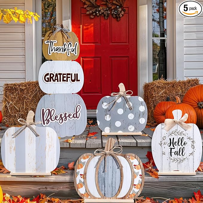 Bucherry 5 Set Fall Porch Decoration Pumpkin Wood Porch Standings Thankful Grateful Blessed Hello Fall Welcome Sign Decor with Base for Thanksgiving Festival Home Front Door Garden(Grey Style)