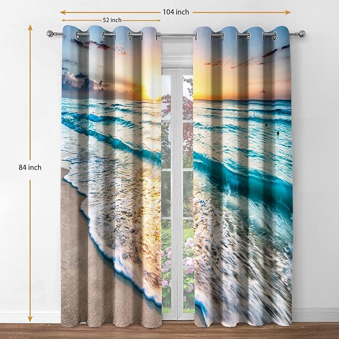 Jekeno Beach Ocean Waves Blackout Curtains Tropical Sea Sunrise Seaside Coastal Scenic Hawaiian Scenery Decor for Home Bedroom Living Room Darkening Grommet Window Drapes 2 Panel Set, 52"x84"