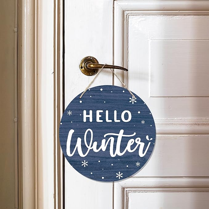 CGBHW Hello Winter Wooden Sign, Navy Blue Holiday Snowflake Hanging Sign Wall Decor for Room Home, Winter Wonderland Snowy Christmas Door Decor 12 x 6 Inch