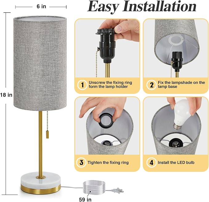 Luvkczc Minimalist Table Lamp Set of 2, Nightstand Lamp for Bedroom Living Room, Modern Pull Chain Bedside Lamp with Marble Base, Fabric Shade, Small Desk Lamp for Home, Office, Reading,Grey