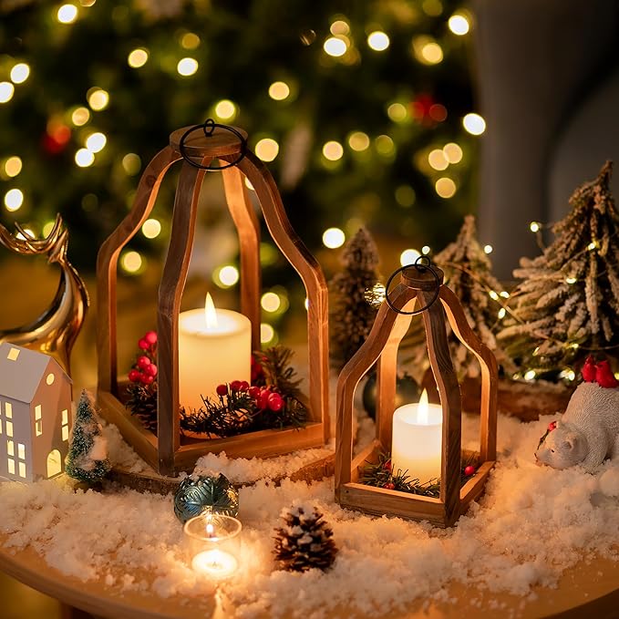 Romadedi Farmhouse Decorative Lantern Wooden - Set of 2 Rustic Wood Lanterns Candle Holder for Wedding Table Centerpieces Indoor Outdoor Fireplace Mantle Home Decor, Brown