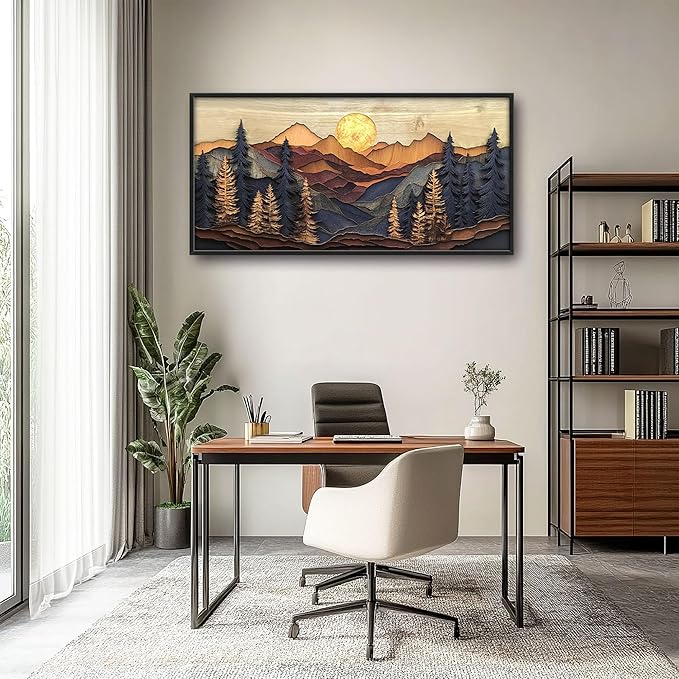 Mountain Large Wall Art for Living Room Framed, Cabin Wall Decor Pictures, Nature Scenery Pine Forest Landscape Canvas Print Painting, Aesthetic Artwork Bedroom Office Home Decor 60"x30"