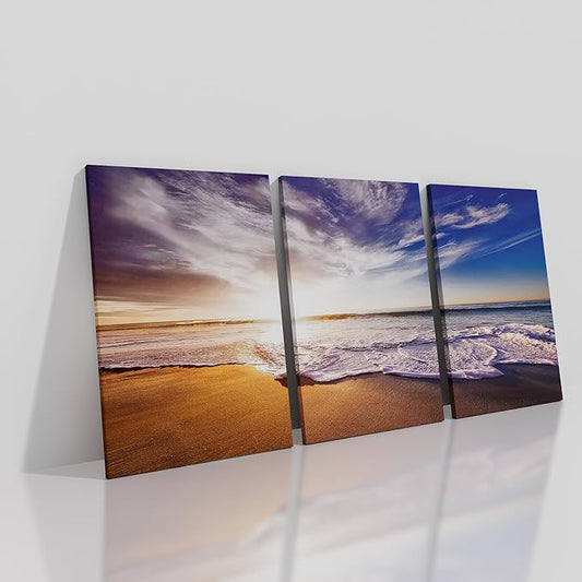 Beach Landscape Canvas Poster Wall Art Home Decor Summer Sunset 3 Pieces Picture Print Seascape Painting Artwork for Bedroom Dining Room Office Wall Decoration Stretched and Framed [48''W X 24''H]