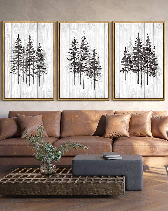 KUVIOKE Modern Pine Tree Framed Wall Decor Nature Forest Wall Decor Vintage Rustic Minimalist Paints for Farmhouse Bedroom Dining Room Decor24x36in (Natural Framed)