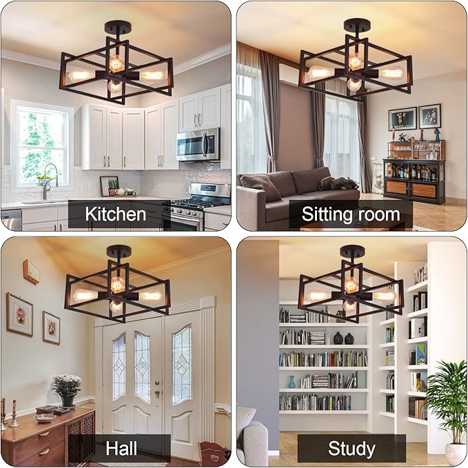 Metal Semi Flush Mount Ceiling Light Fixture, 4-Light Black Industrial Ceiling Lamp Rustic Vintage Farmhouse Lighting Chandelier Light for Kitchen Island Hallway Dining Room