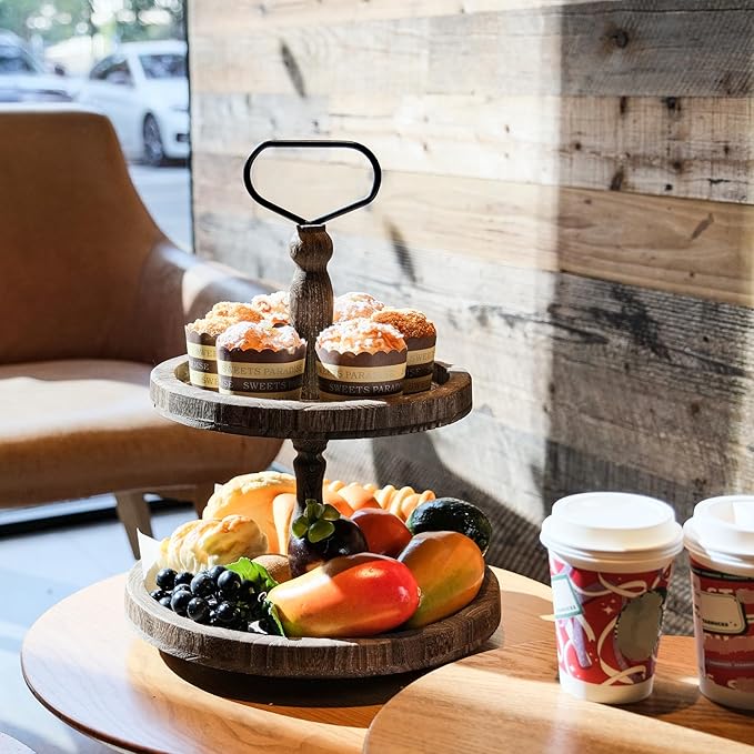 Mustry Rustic Wooden 2 Tiered Tray, Round Farmhouse Kitchen Table Decor Serving Tier Tray, Food Fruits Cupcake Display Coffee Bar Home Party Seasonal Decorations (Brown)