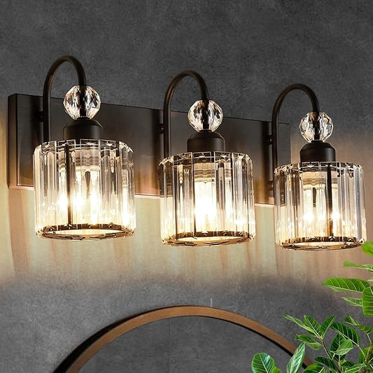 Bathroom Vanity Light Fixtures Over Mirror - Makeup Lighting Black - for Modern Wall, Bath, Desk, Farmhouse, Hallway (3 Crystal Lights)
