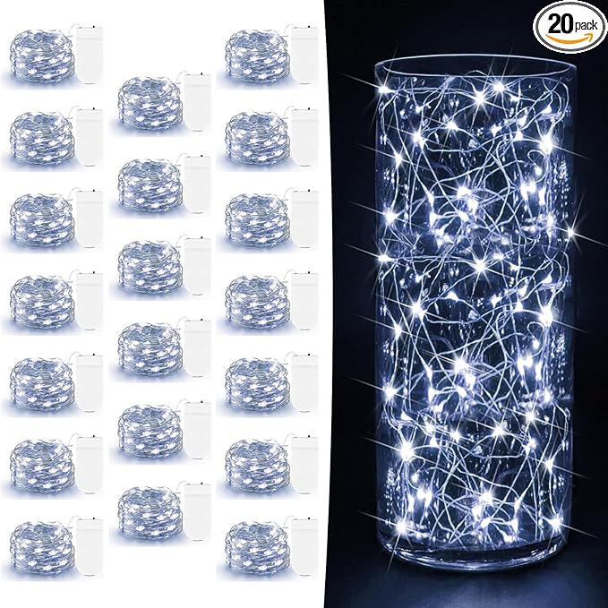 20 Pack Fairy Lights Battery Operated 7ft 20 LED Mini Fairy String Lights Waterproof Copper Wire Firefly Starry Lights for Wedding Party Mason Jars Christmas Decorations, Cool White