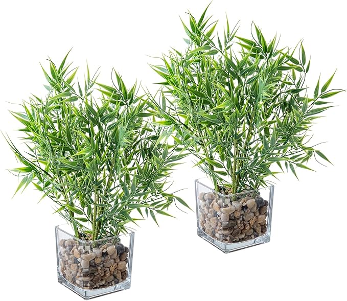 MyGift 16 Inch Tall Tabletop Artificial Bamboo Leaves Plant Potted in Clear Glass Square Pots, Indoor Faux Greenery Table Centerpiece Home Office Decor, Set of 2