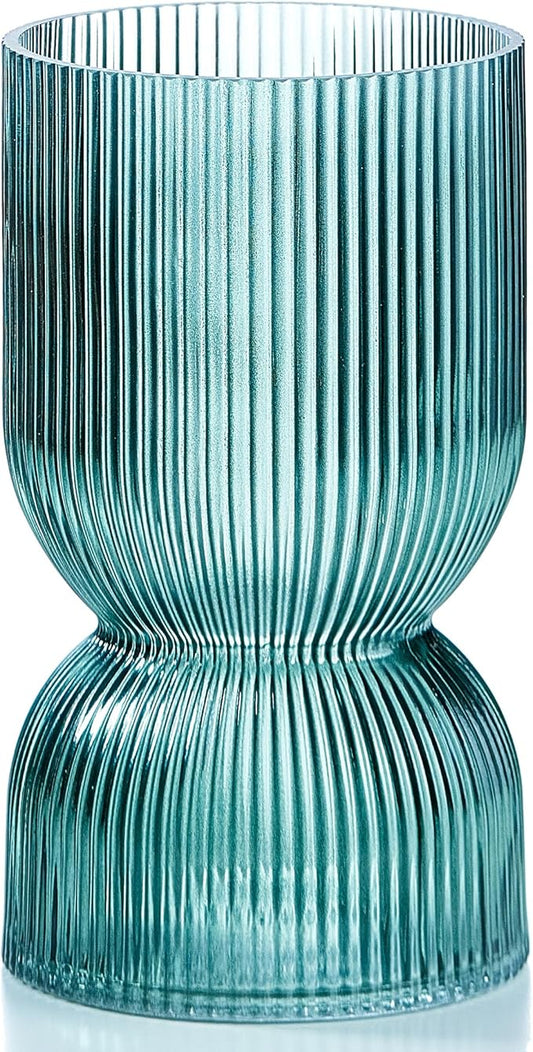 7.5 Inch Glass Hourglass Vase - Green Ribbed Bud Flower Vases for Floating Candles, Centerpieces, Wedding Reception Decor - Hurricane Candle Holder for Home Decor, Housewarming Gift