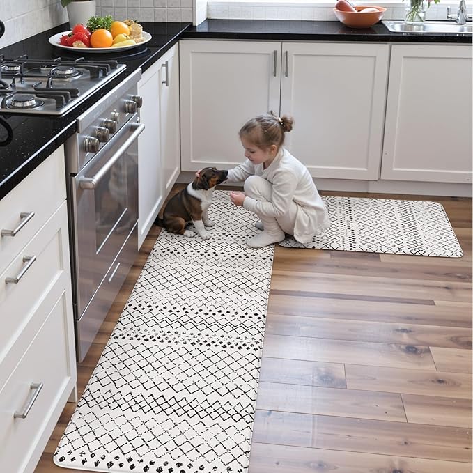 KIMODE Anti Fatigue Kitchen Mat for Floor, 20"x59"+20"x32" Kitchen Rugs Set of 2, Non Slip Kitchen Floor Mats Cushioned, Comfort Mats for Kitchen Floor Sink Laundry Office Desk Black and White