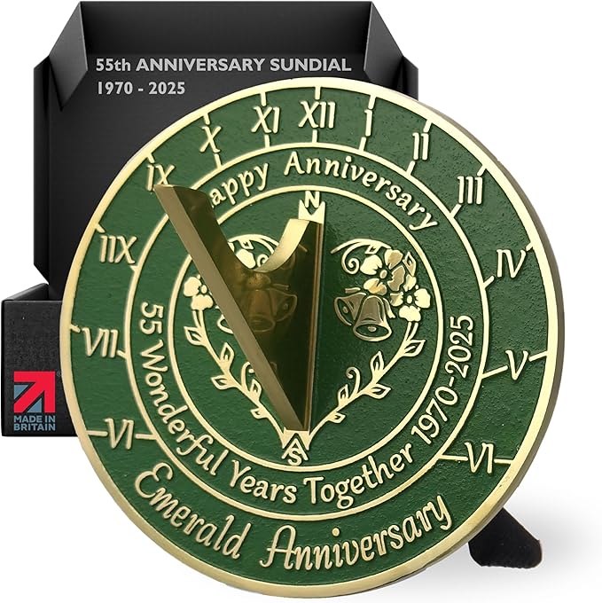 Anniversary Sundial Gift for 55th Emerald Wedding Anniversary in 2025 - Recycled Metal Home Decor Or Garden Present Idea - Handmade in UK for Him, Her Parents Or Couples 55 Year Celebration