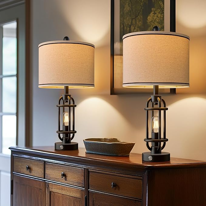 24'' Table Lamps for Living Room Bedroom Set of 2 Industrial Touch Lamp with USB A+C Ports, Night Light Farmhouse Vintage Nightstand Bedside Lamps for Night Stands Metal Black, Bulbs Included