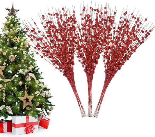 Christmas Artificial Glitter Berry Stem Decorations Decorative Bead Sticks Xmas Picks Glittery Twigs Branches for Christmas Tree Wreath Gift Vase Home Decor Party Ornaments Red 24 PCS