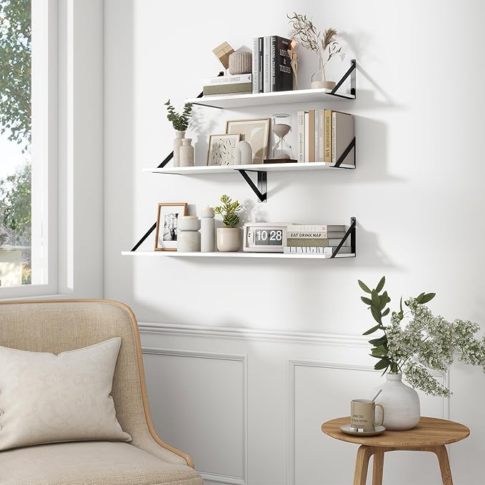 Fun Memories Deep Floating Shelves for Wall, 36W x 8D Wall Mounted Shelves Set of 2, Wide Display Ledge Shelf with Sturdy Metal Brackets for Living Room, Bathroom, Bedroom and Kitchen, White