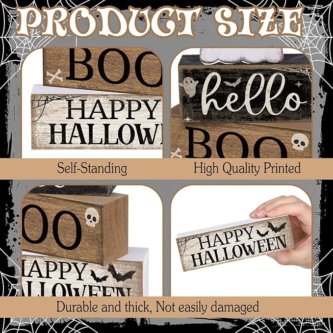 4 Pcs Halloween Table Decoration Wooden Ghost Tiered Tray Decor Rustic Wood Surprised Ghost Block Signs Halloween Centerpiece Farmhouse for Home Tabletop Kitchen Shelf and Party Gift