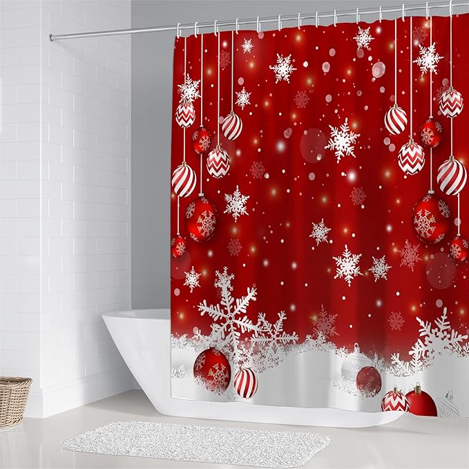 FZDHHY 4PCS Christmas Red Bathroom Decor Set Christmas Decorative Ball Shower Curtain Set Snow Bathroom Set Festivals Shower Curtains for Bathroom with Hooks 72x72 inch
