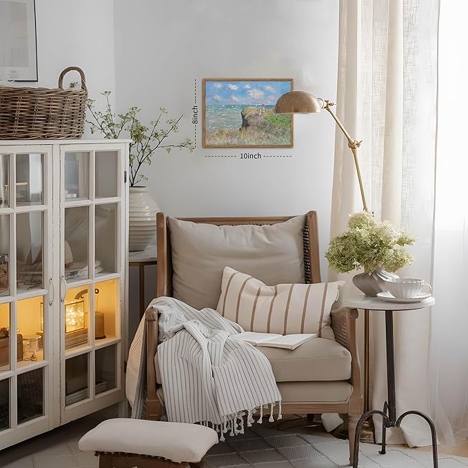 Framed Vintage Monet Wall Art Coastal Decor – Impressionist Seaside Oil Painting Canvas Prints – Nature Beach Scene Landscape Aesthetic Wall Decor for Living Room Bedroom Bathroom – 8"x10"