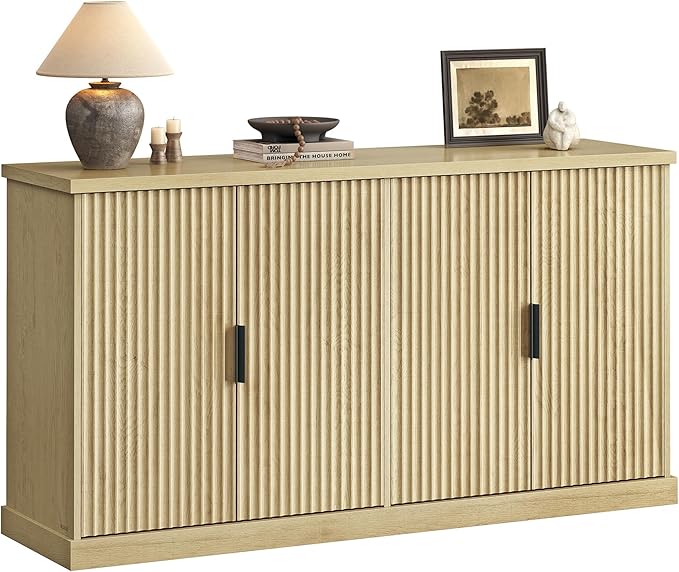 VASAGLE MAXE Collection - Transitional Buffet Cabinet, Console Cabinet, Sideboard with Adjustable Shelves, Fluted Doors, Buffet Table, Kitchen Pantry, Oak Beige UBBK382Y01S