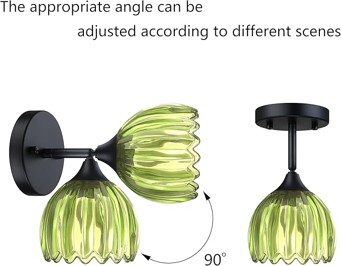 2 Pack 1 Light Vintage Wall Sconces Tulip Dark Green Glass Lampshade Hradwired Modern Black Wall Lighting Fixture for Bedside Bedroom Doorway