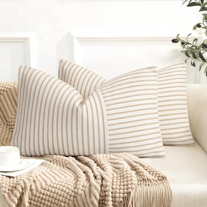 YCOLL Farmhouse Pillow Covers 12x20, Modern Accent Lumbar Throw Pillow Covers Set of 2, Khaki Striped Patchwork Linen Decorative Pillows Cushion Covers for Couch Chair Bedroom Fall Decorations