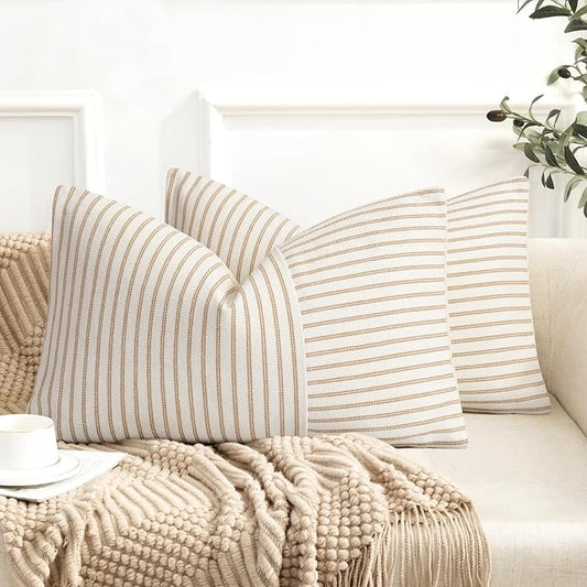 YCOLL Farmhouse Pillow Covers 12x20, Modern Accent Lumbar Throw Pillow Covers Set of 2, Khaki Striped Patchwork Linen Decorative Pillows Cushion Covers for Couch Chair Bedroom Fall Decorations