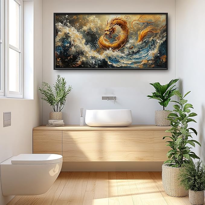 Flintis Large Golden Dragon Framed Wall Art Japanese Waves Pictures Wall Decor Abstract Asian Wild Animal Canvas Painting Print Artworks Framed for Living Room Bathroom Master Bedroom 60L X 30W
