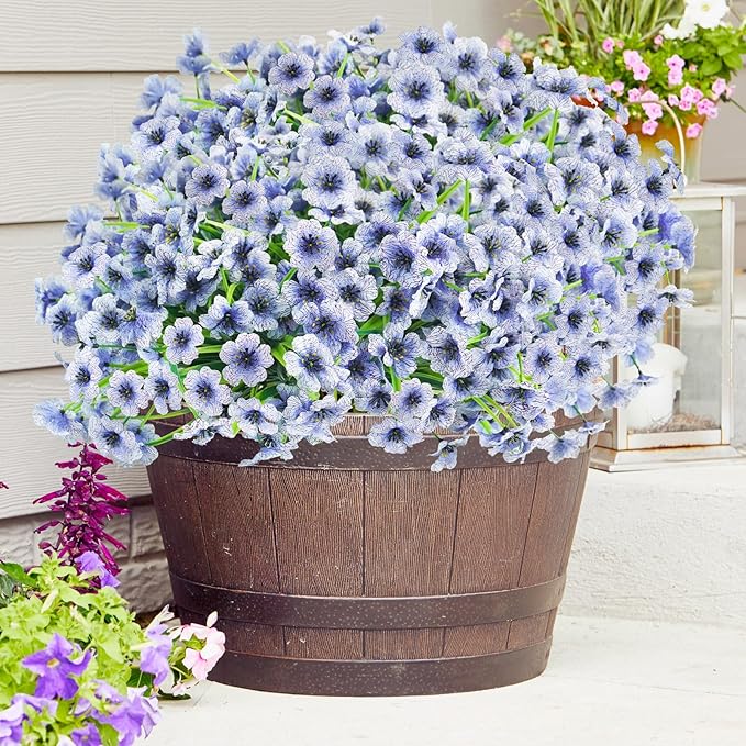 Uieke 16 Bundles Artificial Flowers for Outdoors UV Resistant Fake Flowers No Fade Faux Greenery Plastic Plants for Garden Porch Window Box Home Party Wedding Spring Autumn Décoration (Blue)