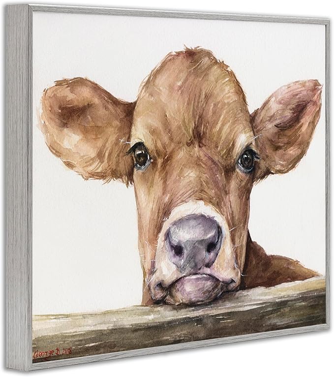 Stupell Industries Cute Baby Cow Animal Watercolor Painting Framed Giclee Art Design by George Dyachenko