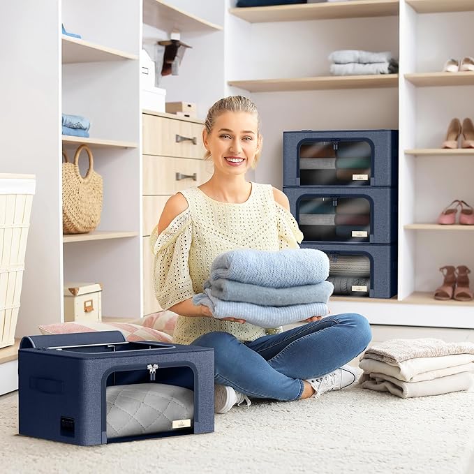 Sorbus Storage Bins with Metal Frame - Stackable & Foldable Clothes Organizer Bags - Oxford Fabric Storage Containers with Large Clear Window & Carry Handles, Bedroom Organization for Bedding & Linen