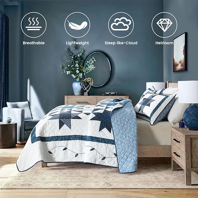 Secgo Handmade Quilted 100% Cotton Queen Comforter Set for Bed - 100% Cotton Quilts Queen Size, Black Bedspreads (90 * 96 Inch) with 2 Pillow Shams, Patchwork Reversible Lightweight Bedding