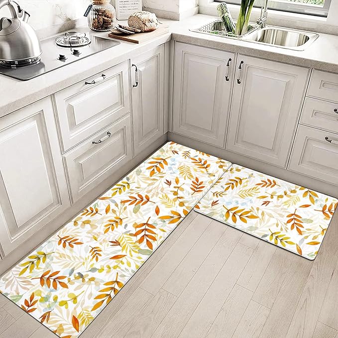 SHACOS Fall Anti Fatigue Kitchen Mat 2 Pcs Autumn Orange Leaves Maple Leaf Non Slip Cushioned Kitchen Floor Mats Ergonomic Standing Mat Fall Decor 17x27.5+17x47