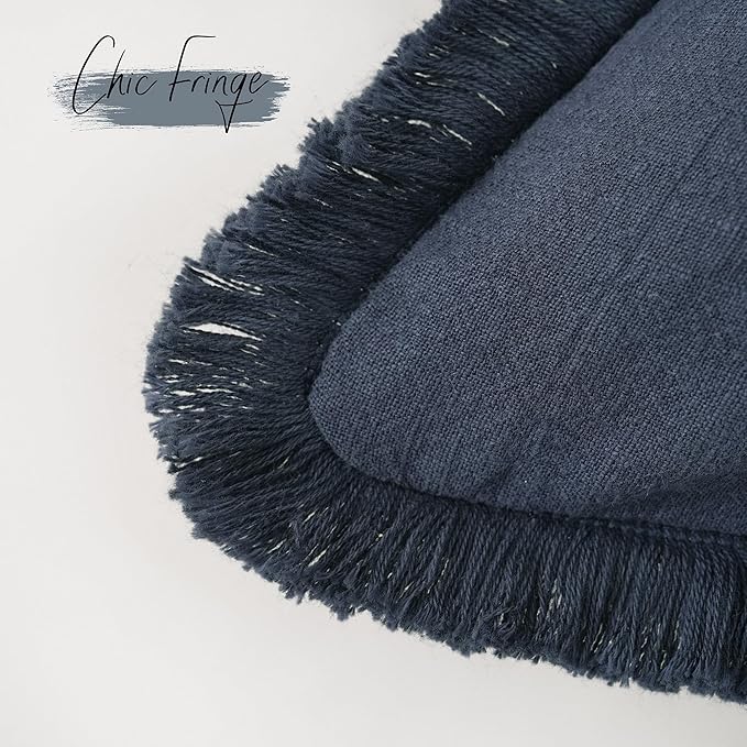 Foindtower Set of 2 Decorative Linen Fringe Throw Pillow Covers Cozy Boho Farmhouse Cushion Cover with Tassels Soft Accent Pillowcase for Couch Sofa Bed Living Room Home Decor, 26×26 Inch, Navy Blue