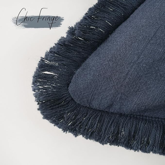 Foindtower Set of 2 Decorative Linen Fringe Throw Pillow Covers Boho Farmhouse Cushion Cover with Tassels Accent Pillowcase for Couch Bed Sofa Living Room Home Bedroom Decor, 12×24 Inch, Navy Blue