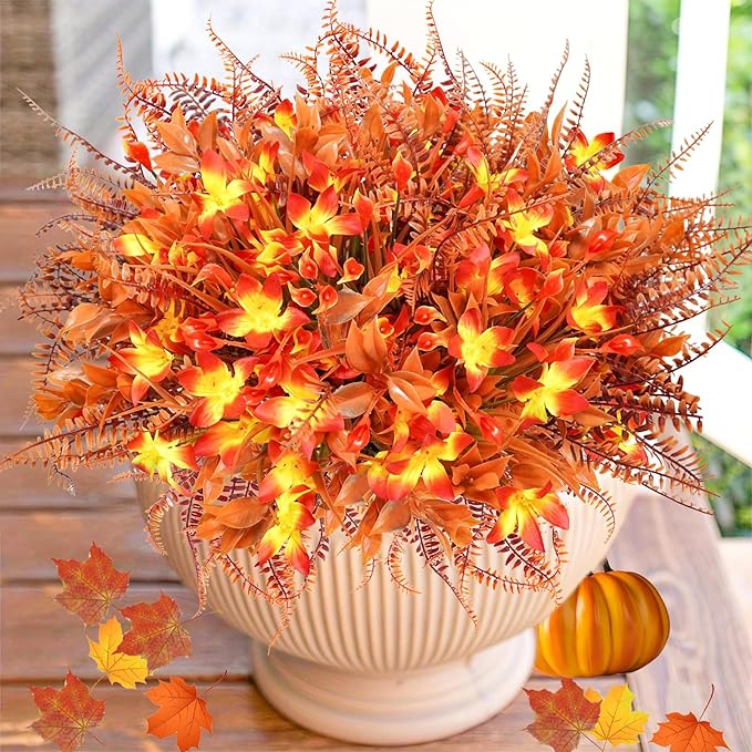 Agusbagli 40Pcs Artificial Fall Outdoor Flowers Fake Autumn Boxwood Plants UV Resistant Plastic No Fade Faux Fall Flowers Arrangements for Thanksgiving Autumn Weddings Porch Indoor Home Decorations