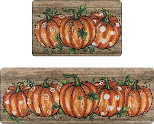 SHACOS Fall Anti Fatigue Kitchen Mats 2 Pcs Orange Pumpkins Wood Board Autumn Harvest Non Slip Cushioned Floor Mat for Kitchen Ergonomic Standing Mats Fall Decor, 17x27.5+17x47, Orange Pumpkins