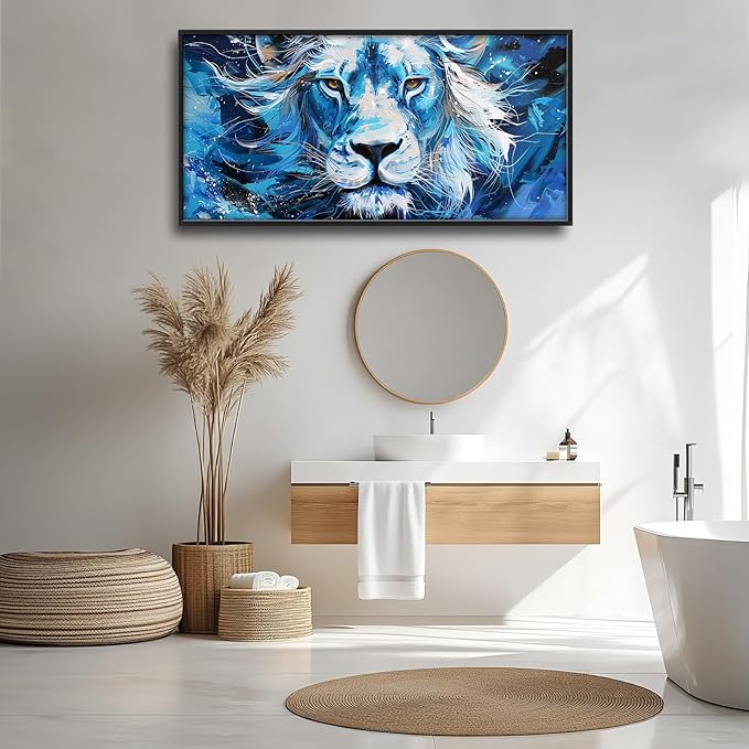 Framed Large Wall Art for Living Room, Lion Canvas Wall Decor, Blue Animal Pictures Painting, Modern Landscape Artwork for Bedroom Office 60L'' × 30W''