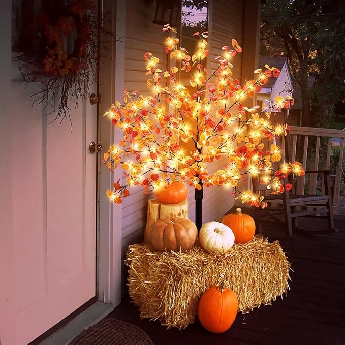 Agusbagli 4FT 140LED Lighted Fall Eucalyptus Tree Thanksgiving Fall Decorations with Timer & 8 Modes Artificial Fall Trees with Lights & 336 Leaves Fall Light Up Tree Harvest Indoor Outdoor Fall Decor