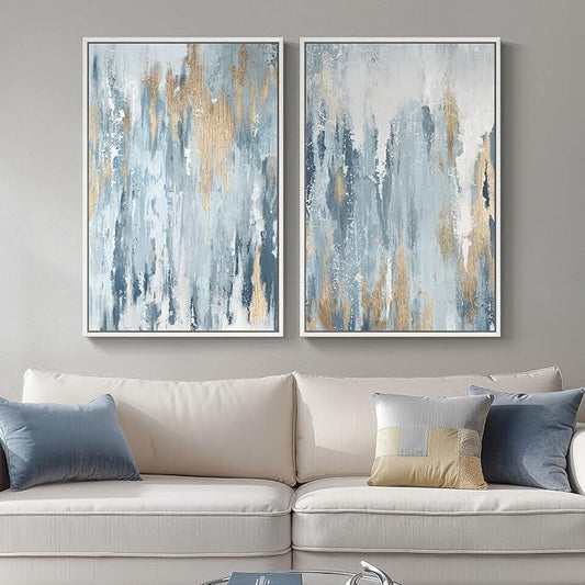 Large White Framed Blue and Gold Abstract Canvas Wall Art for Living Room, 2 Piece Modern Minimalist Prints Paintings Artwork for Walls, Glitter Pictures for Hallway Dining Bedroom Wall Decor 24x36 In