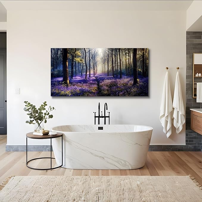 crmotu Nature Landscape Large Wall Art, Lavender Forest Nature Canvas Painting, Sunshine Scenery Aesthetic Art Prints, Purple Floral Wall Pictures for Living Room Bedroom Home Office 30X60 Inches