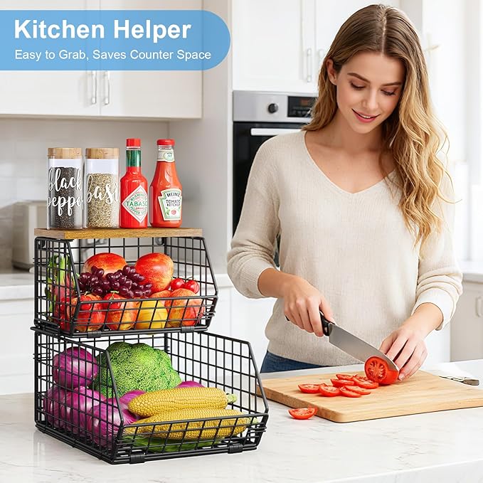 X-cosrack 2-Tier Stackable Wire Baskets with Wood Lids, Fruit Basket for Kitchen Counter, Wall-mounted Baskets for Potato and Onion Storage, Metal Baskets for Snack Produce Cans