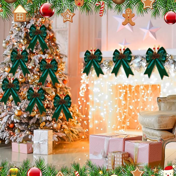 Syhood 6 Pcs Christmas Velvet Bow with Pine Cones Pine Needles Berries Xmas Dark Green Ribbon Bow Ornaments 6.3 x 5.1 Inch for Christmas Tree Wreath Garden Fireplace Crafts DIY Decor