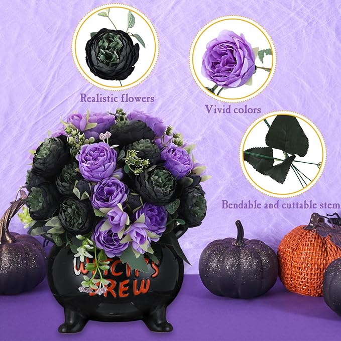 Geosar 8 Bundles Artificial Peonies Flowers Fake Silk Peony Bouquet Faux Peonies Flowers Bulk for Decoration Vase Florals Arrangements Wedding Party Table (Black,Purple)