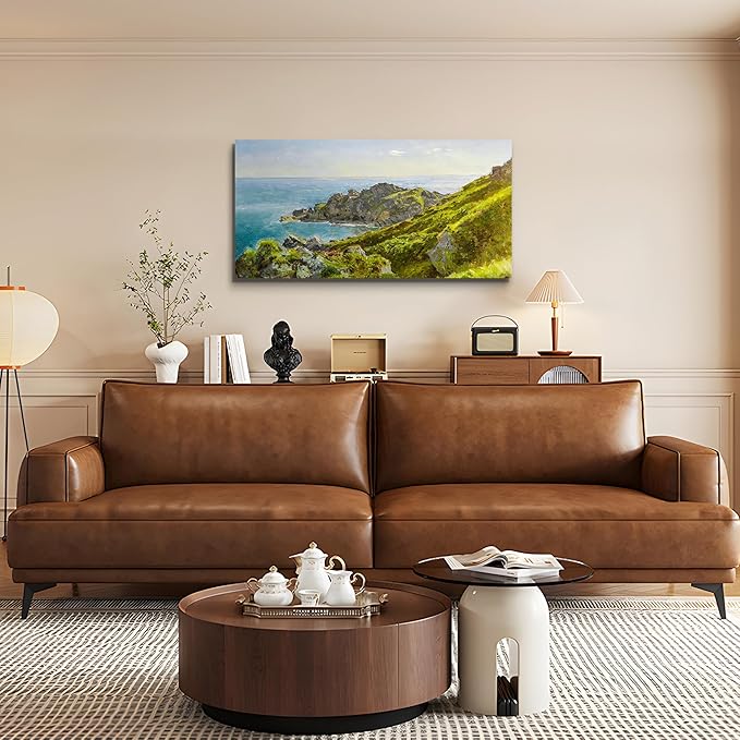 crmotu Large Landscape Wall Art, Coastal Scenery Vintage Canvas Painting, Mountain Sea Pictures Art Prints, Green Coastline Nature wall Decorations for Living Room Bedroom Bathroom Office 24"X48"